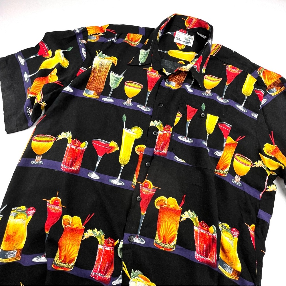 Monticerutti Mens XL Vintage Hawaiian Shirt Tropical Cocktail Drinks Black Rayon